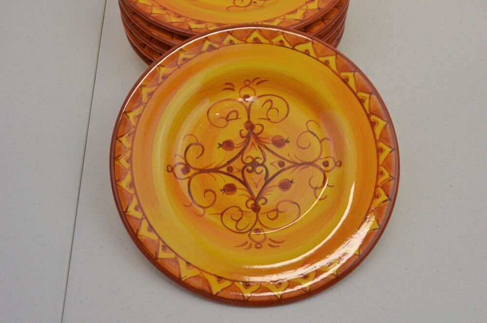 Pier 1 Karistan Salad Plates Set of 6 Hand-Painted Earthenware Orange Scroll